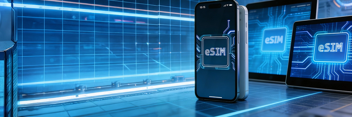 A futuristic grid background with 4 devices, 3 of which has their screen visible with the word "eSIM" on them.