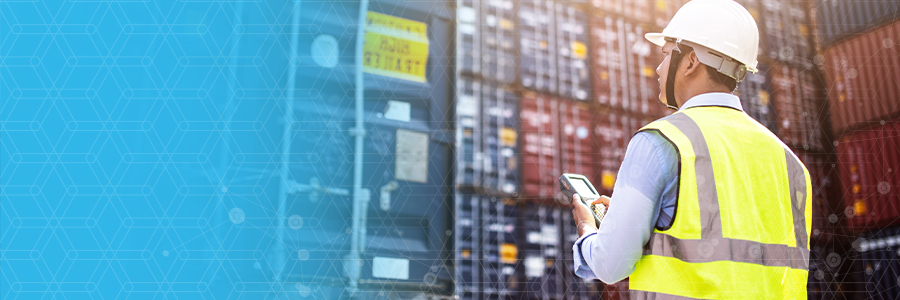 Transportation and logistics worker standing in front of shipping containers and taking inventory using a handheld device