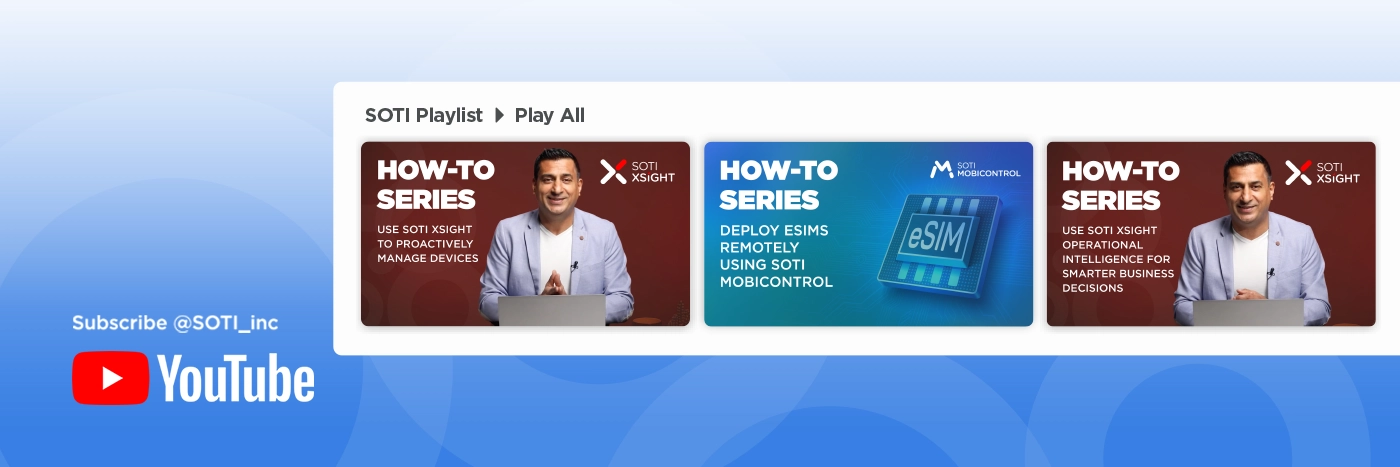 A promotional graphic showing a row of SOTI How-To Series YouTube video thumbnails, highlighting tutorials on SOTI XSight and SOTI MobiControl. Below, the text reads Subscribe @SOTI_inc with the YouTube logo on a blue background.