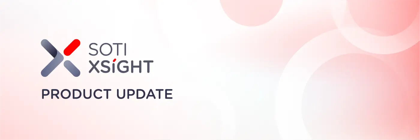 promotional graphic with the logo and words SOTI XSight Product Update, and a soft pink gradient background