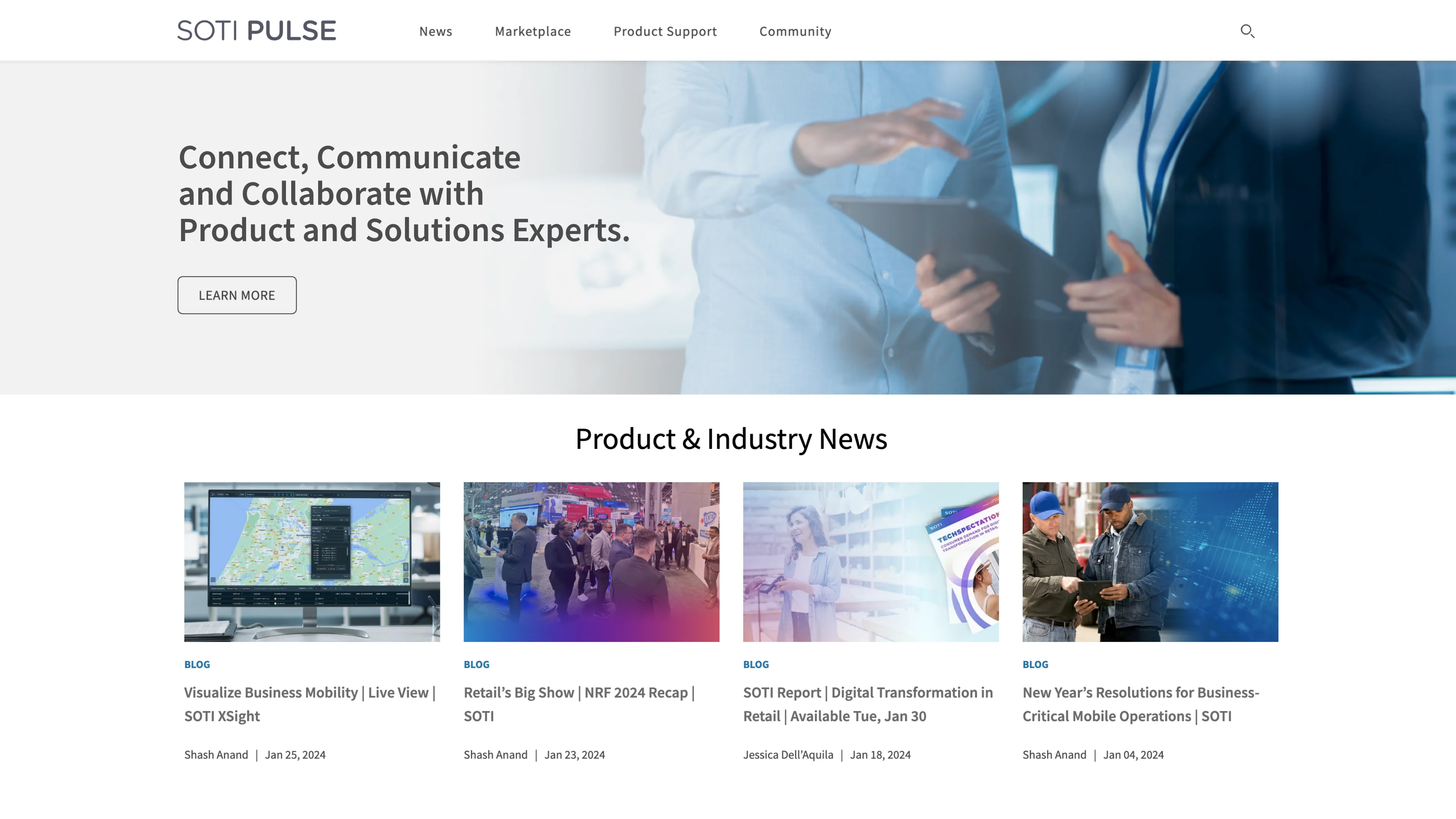 SOTI Pulse screenshot of featured news, SOTI blogs, and SOTI social media.